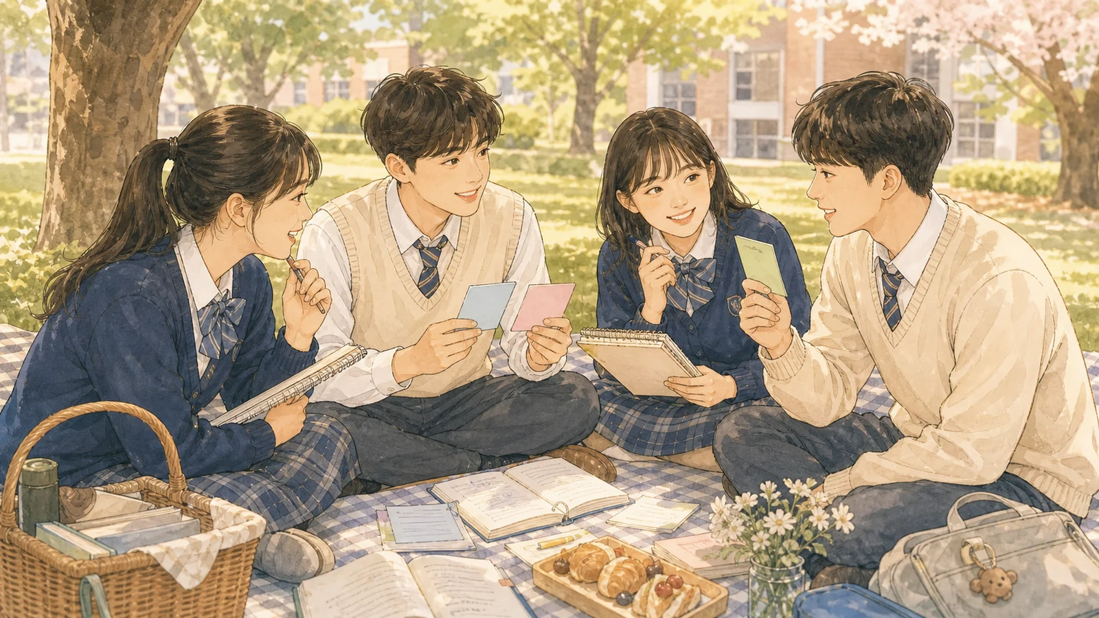 야외 원형 퀴즈에서 문맥 빈칸을 회상하는 학생들