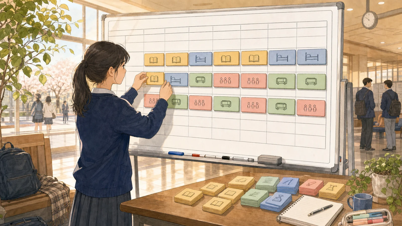 학교 로비의 주간 보드에 고정 일정을 먼저 놓는 학생