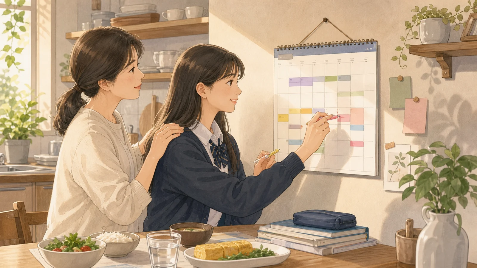 가정 달력에서 수면과 식사 시간을 보호하는 학생과 학부모