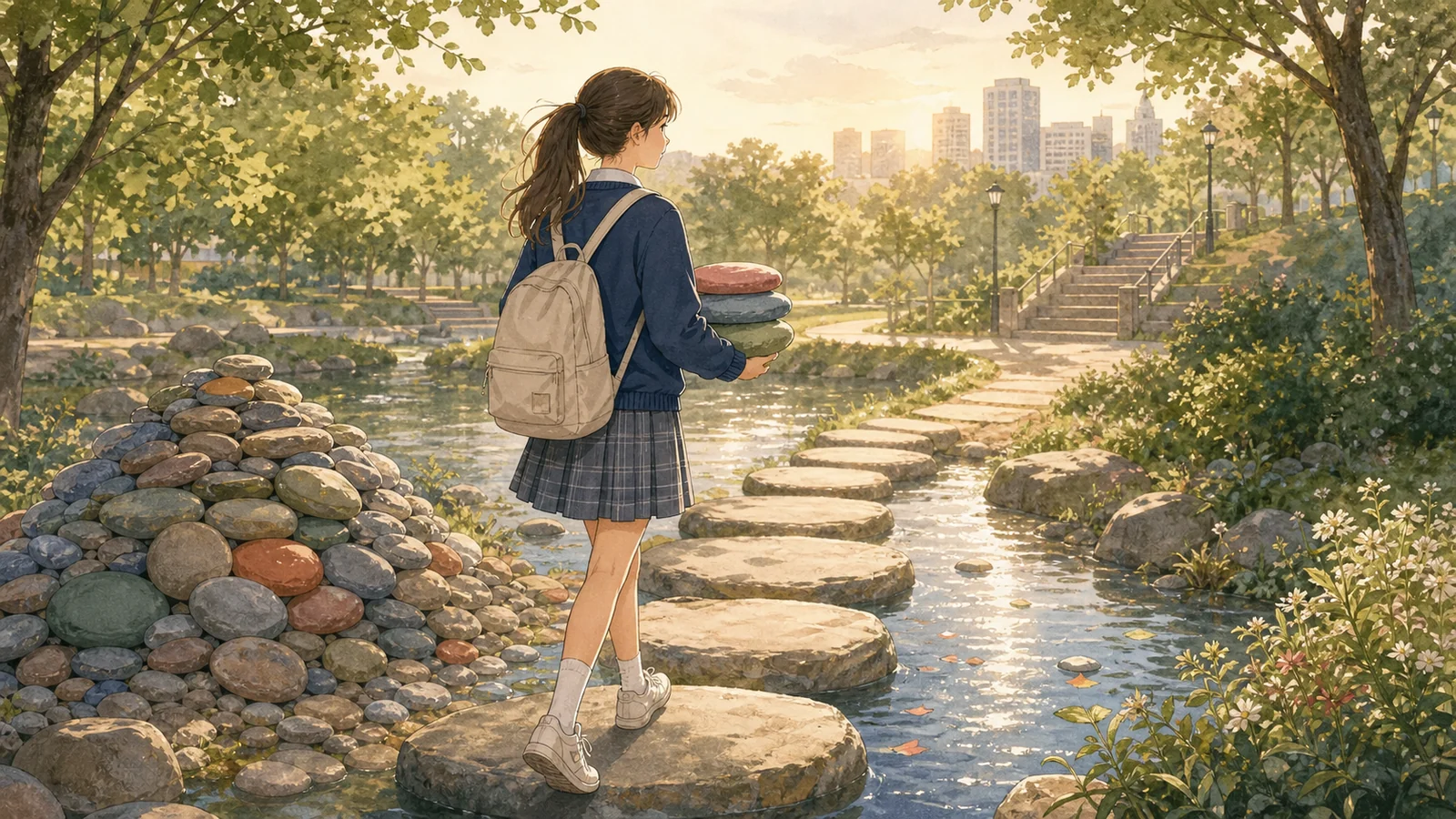 공원 징검다리에서 세 가지 우선순위만 고르는 학생