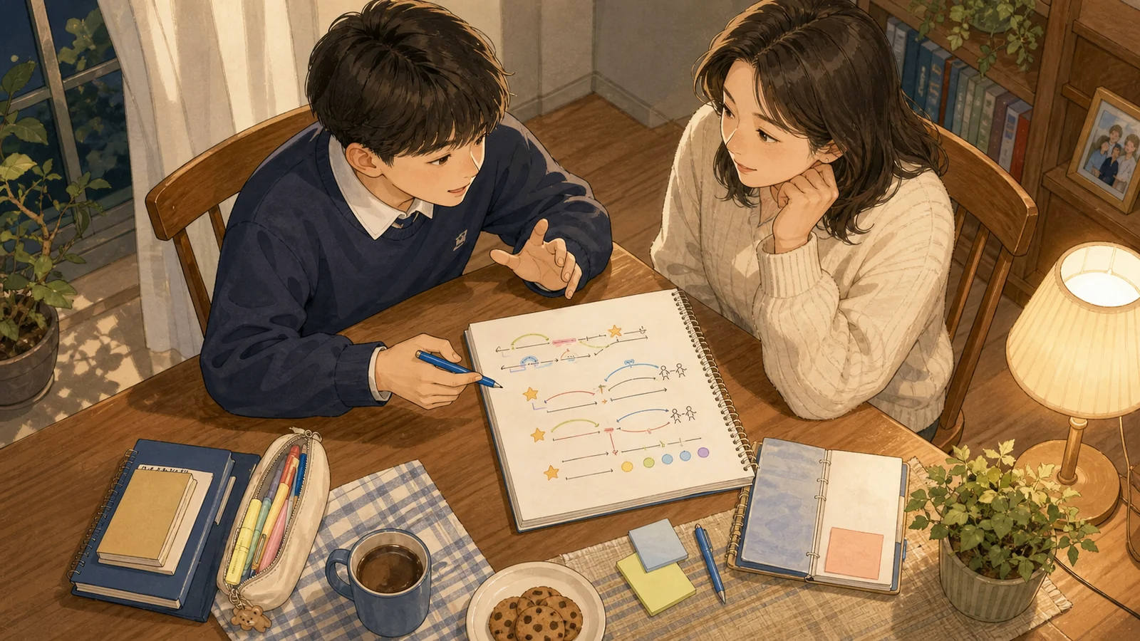 일요일 식탁에서 다음 주 우선순위를 설명하는 학생과 학부모