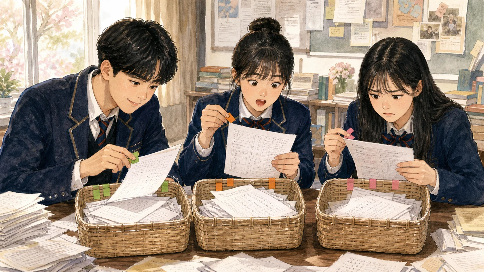 맞힌 이유에 따라 답안지를 세 바구니로 분류하는 학생들