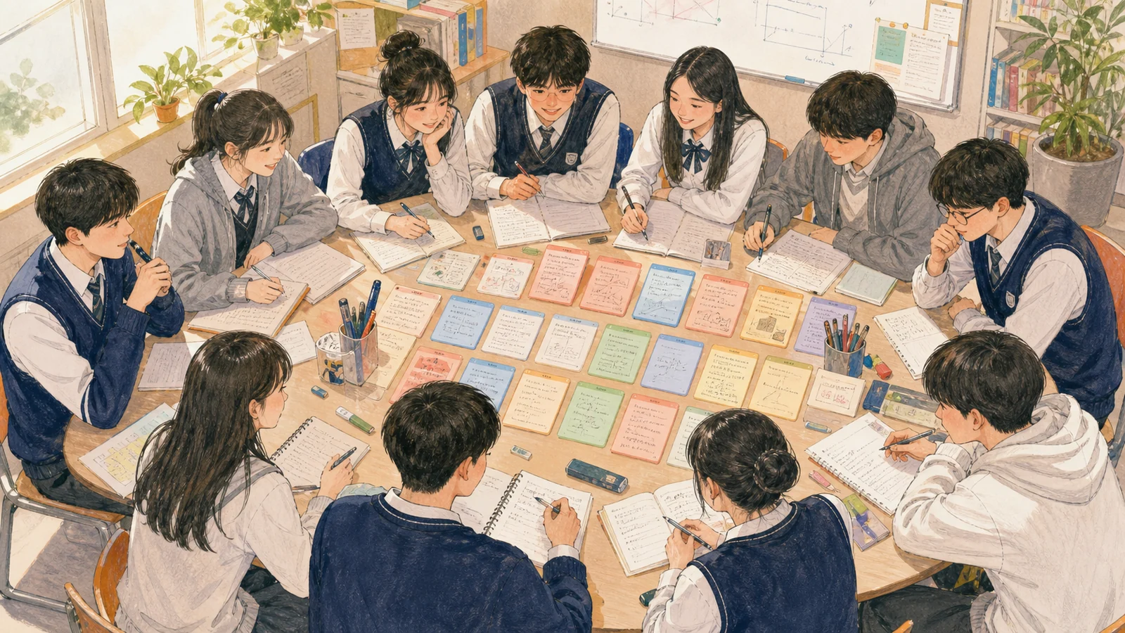 원형 책상에서 주간 오답 클리닉을 하는 학생들