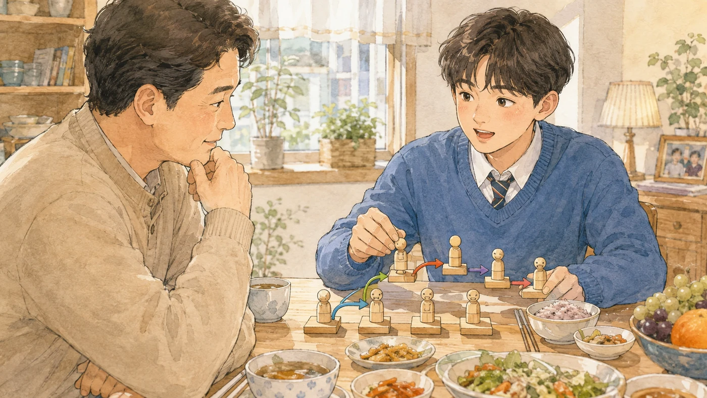 근거 사슬을 가족에게 설명하는 식탁