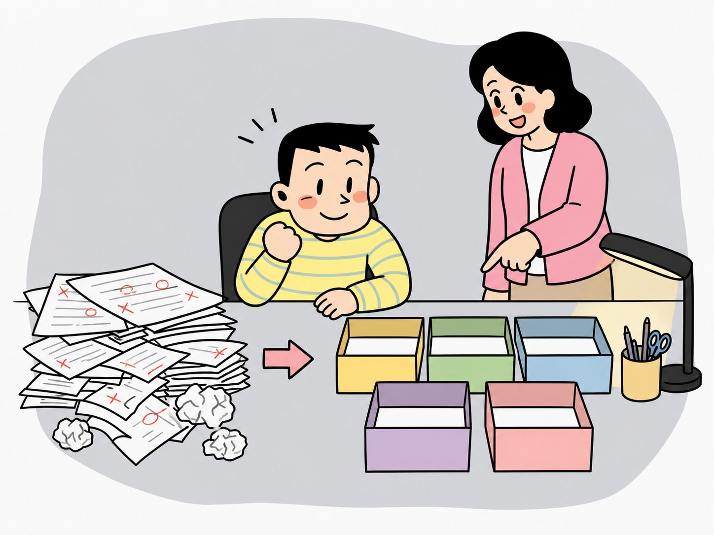 색깔별 카드로 오답을 유형에 따라 분류합니다.