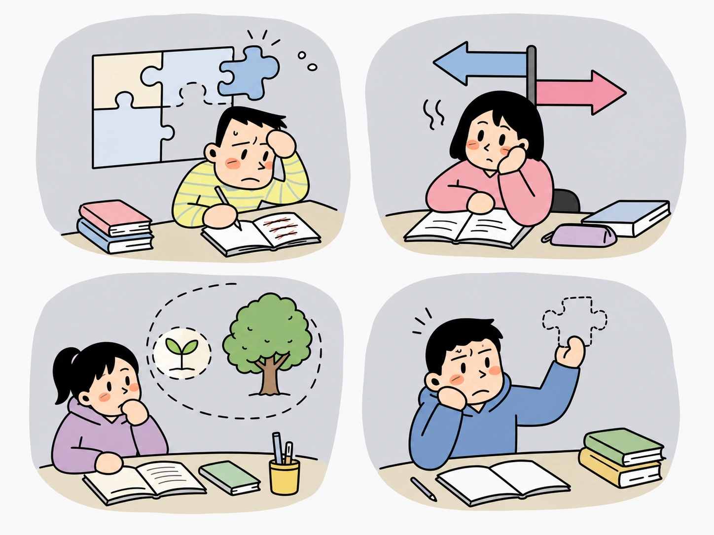네 문제를 서로 다른 실수 카드로 나누는 장면입니다.