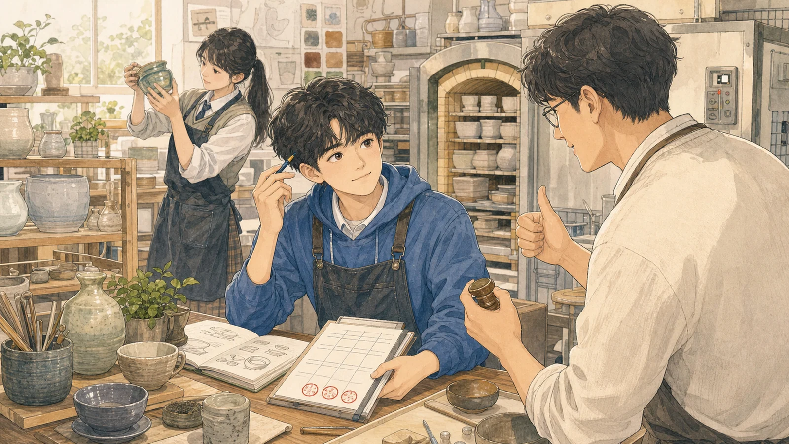도예 공방에서 세 개의 통과 도장을 찍는 학생