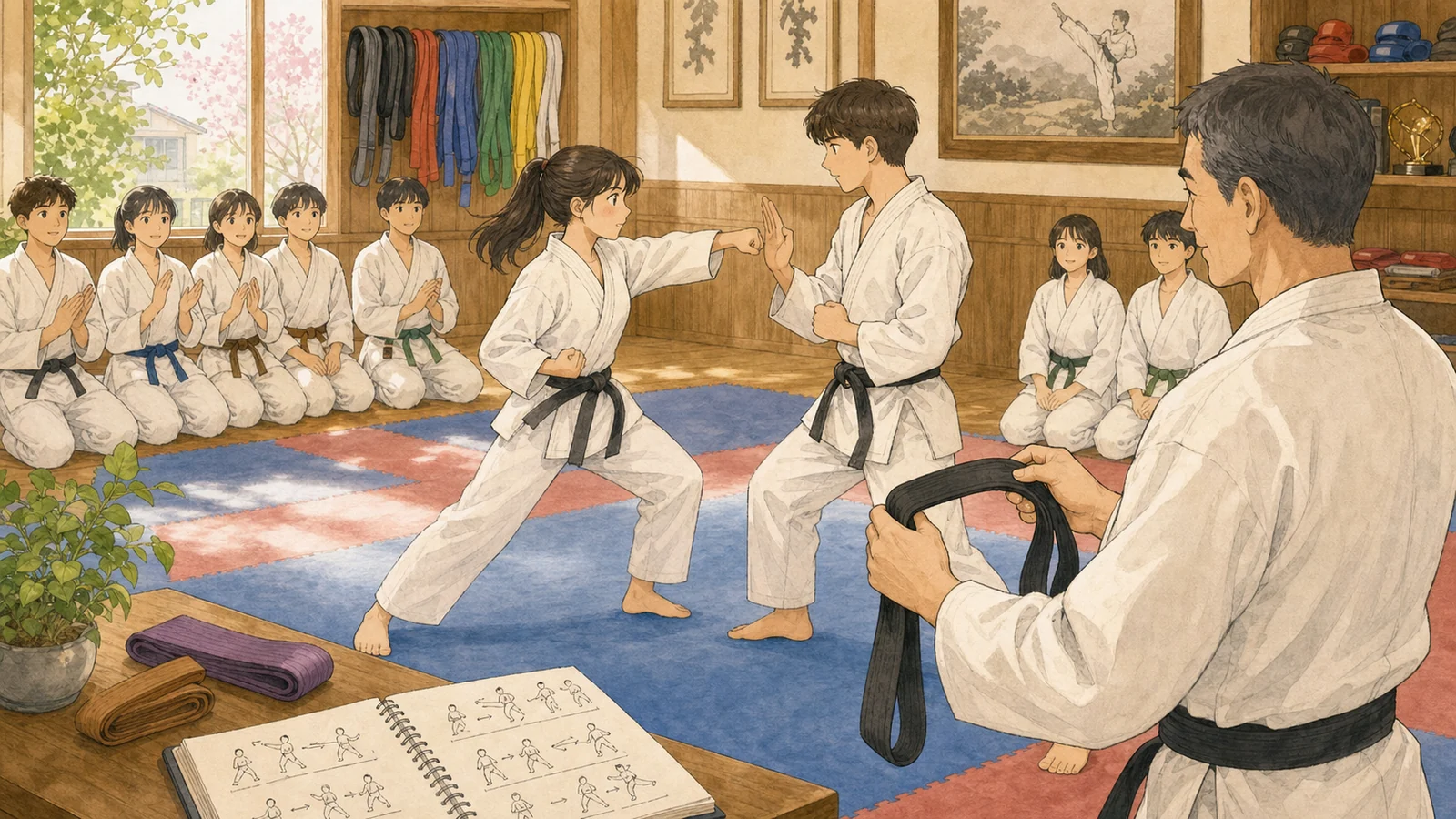 도장에서 세 관문을 통과하며 띠를 얻는 학생