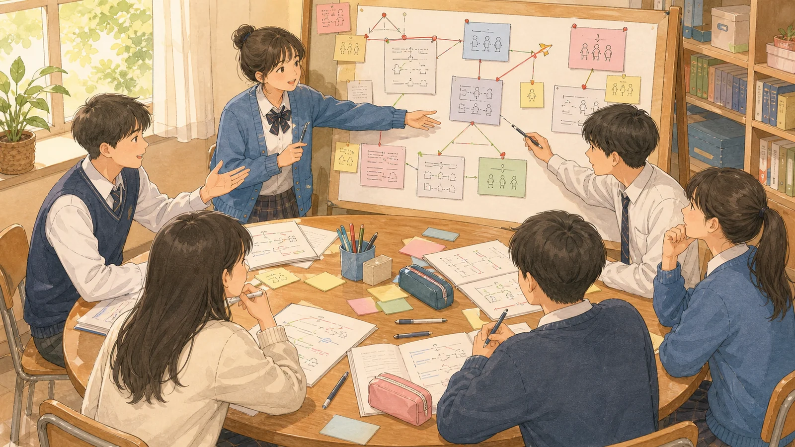 작은 카드 네 줄로 오답노트를 만드는 학생