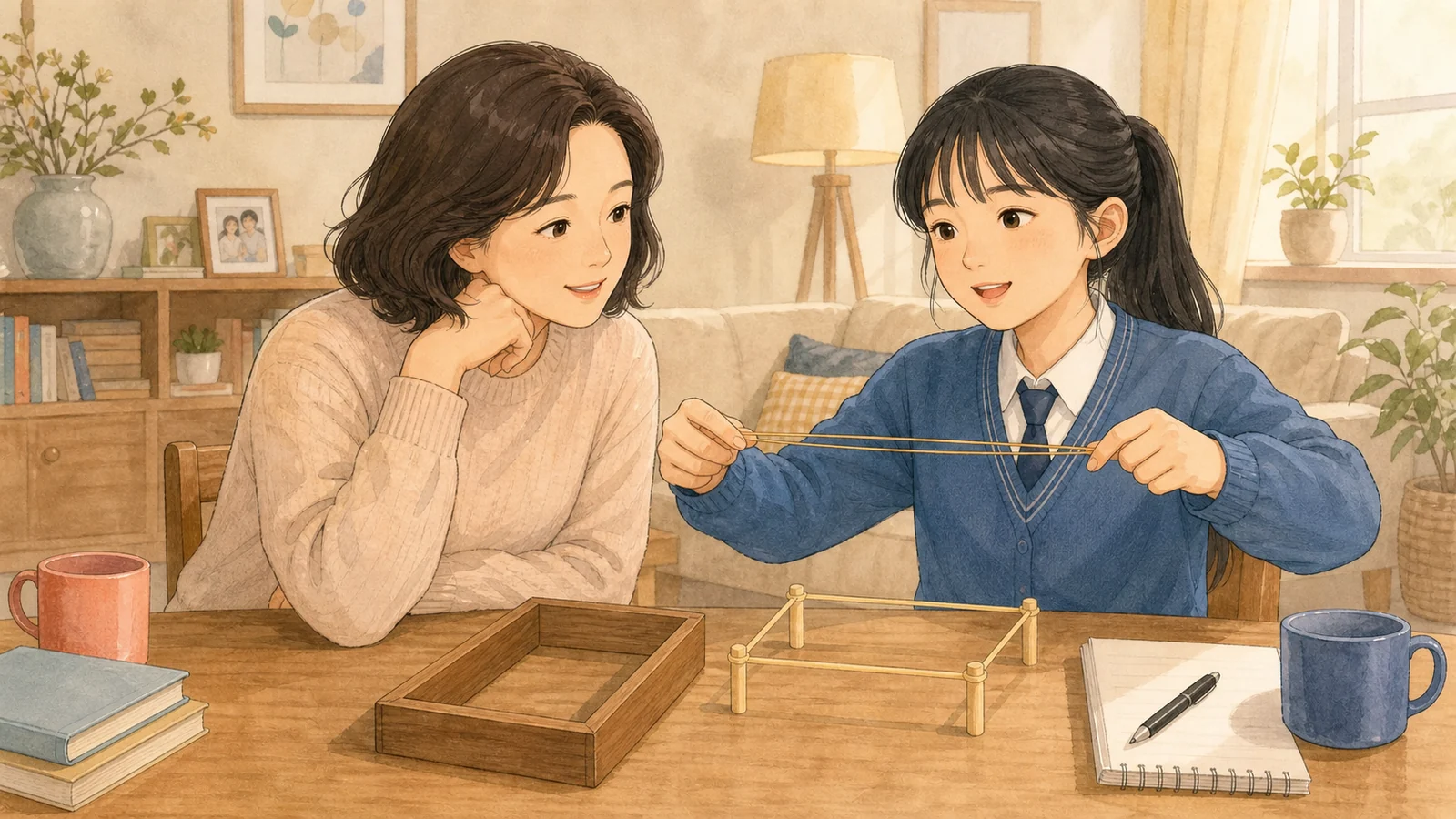 식탁에서 오답 함정을 설명하는 학생과 학부모