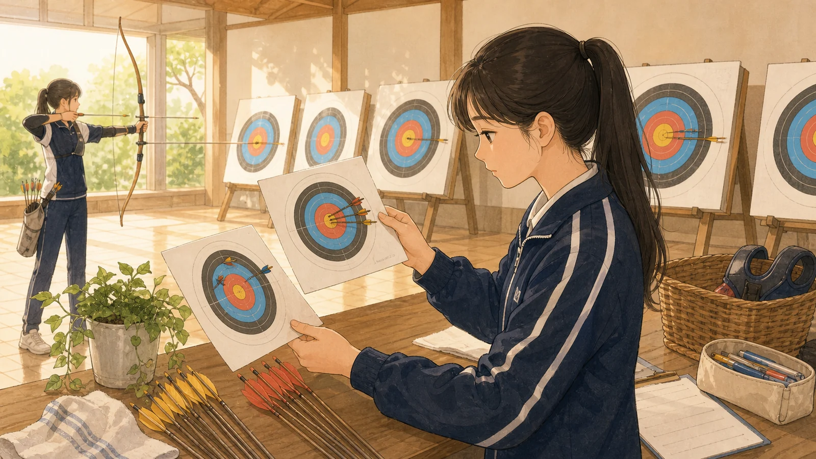 양궁장에서 정확한 조준과 우연한 명중을 비교하는 학생