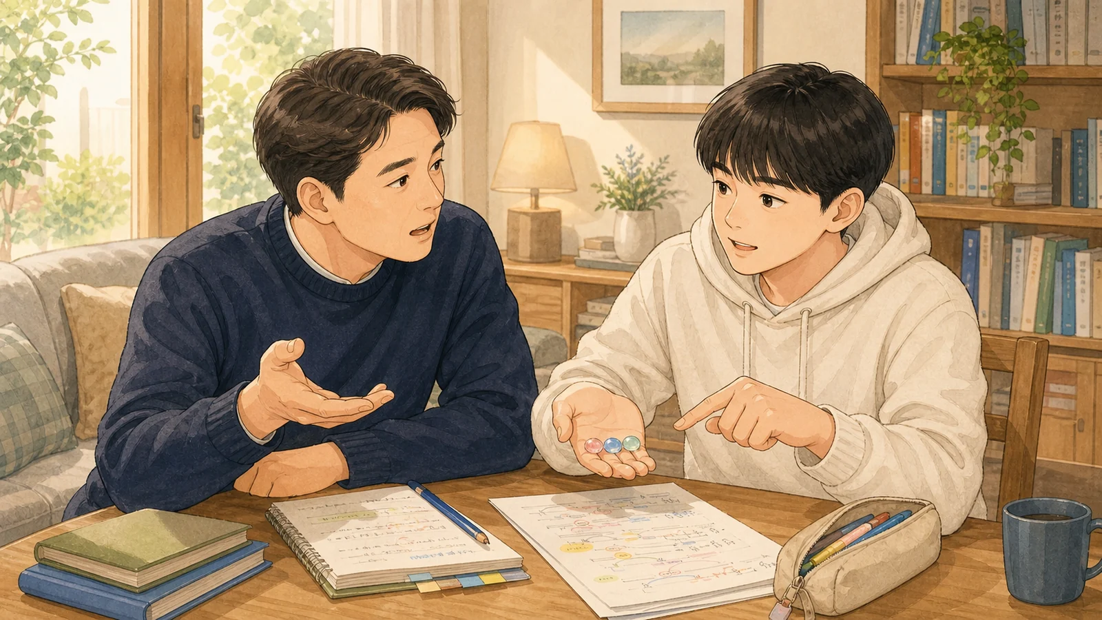 거실에서 맞힌 문제의 근거를 설명하는 학생과 학부모