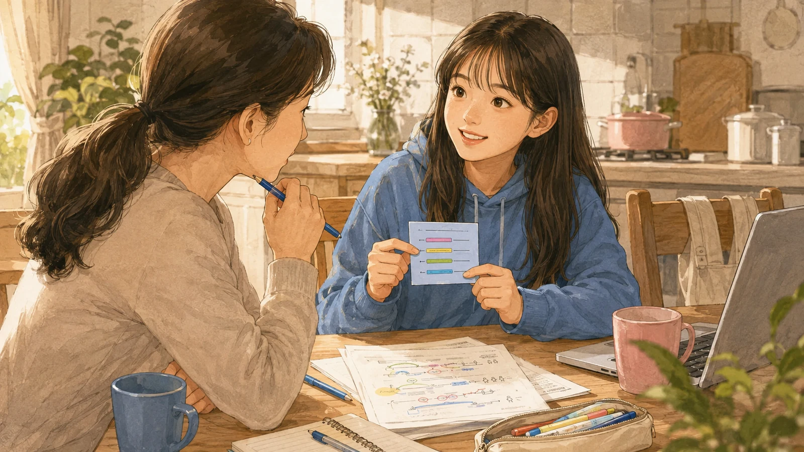 오답카드를 설명하는 학생과 학부모