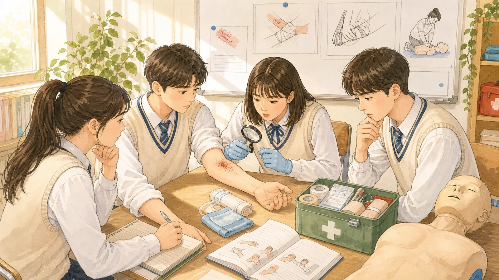 응급처치실에서 정확한 부위를 먼저 찾는 학생