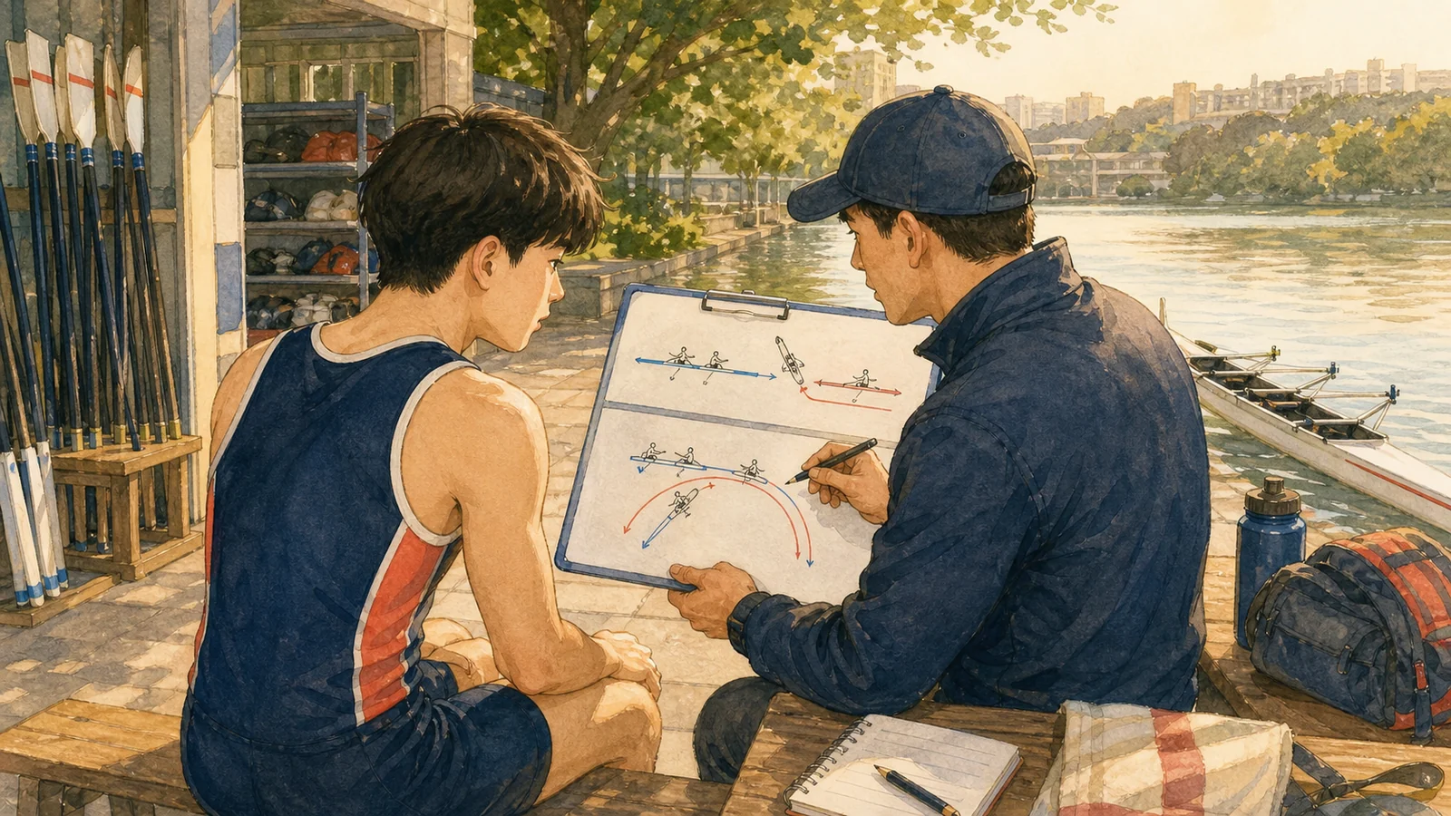 조정 경기에서 한 구간의 느린 노를 찾는 코치와 학생
